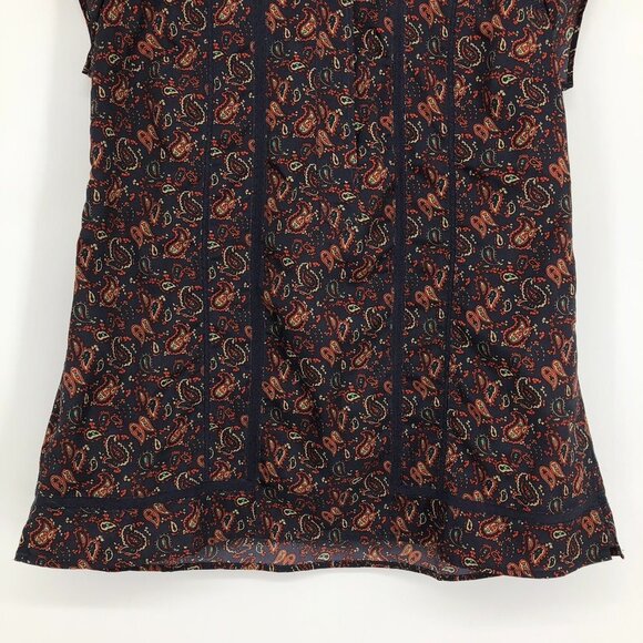 Eddie Bauer Navy burgundy Paisley cap sleeve button front lace cutout blouse Med - Picture 5 of 15